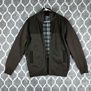 Izod Jacket Mens Medium Brown Full Zip Knit Sweater Fleece Lined Plaid Interior